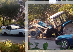 Трактор развалился на части в лобовом столкновении с "семеркой" на Ставрополье